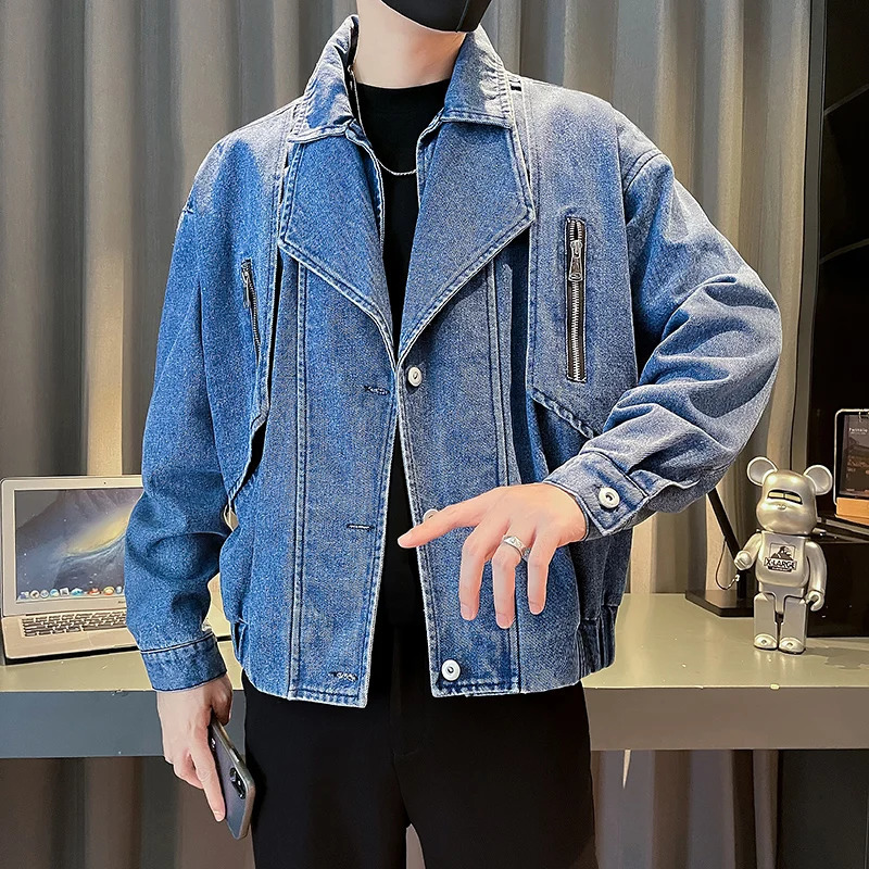 Korean Fashion Water Denim Jacket for Men Autumn Loose Lapel Casual Jeans Social Streetwear Harajuku Hip Hop Coat Clothing 250704