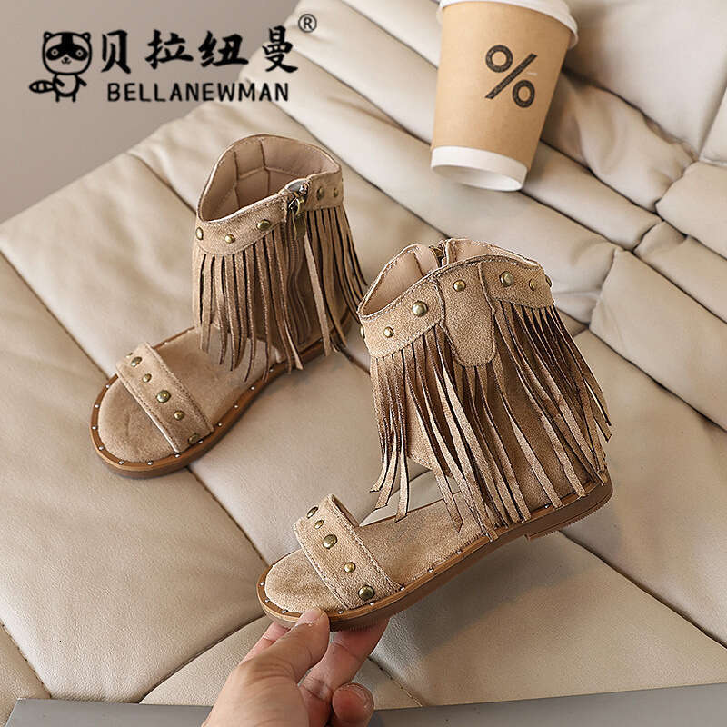 2025 Summer New Girls' Fashion One-Strap Roman Shoes Simian Style Tassel Children's Sandals