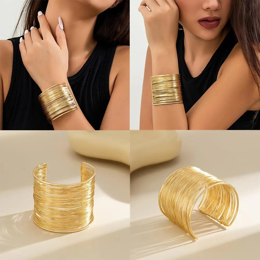 3PCS Chunky Gold Color for Women Irregular Minimalist Bracelets Set Open Wide Bangle Arm Cuff Jewelry designer bracelet women luxury jewelry gold mens - view 3