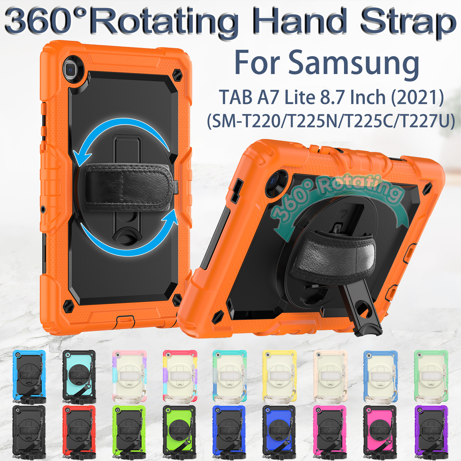 Heavy Duty Hand Strap Tablet Case For Samsung Galaxy Tab A 8.0 10.1 inch A7 Lite 8.7 A8 10.5 inch 360 Rotating Kickstand Kids Shockproof Cover+ PET Film +Shoulder Strap
