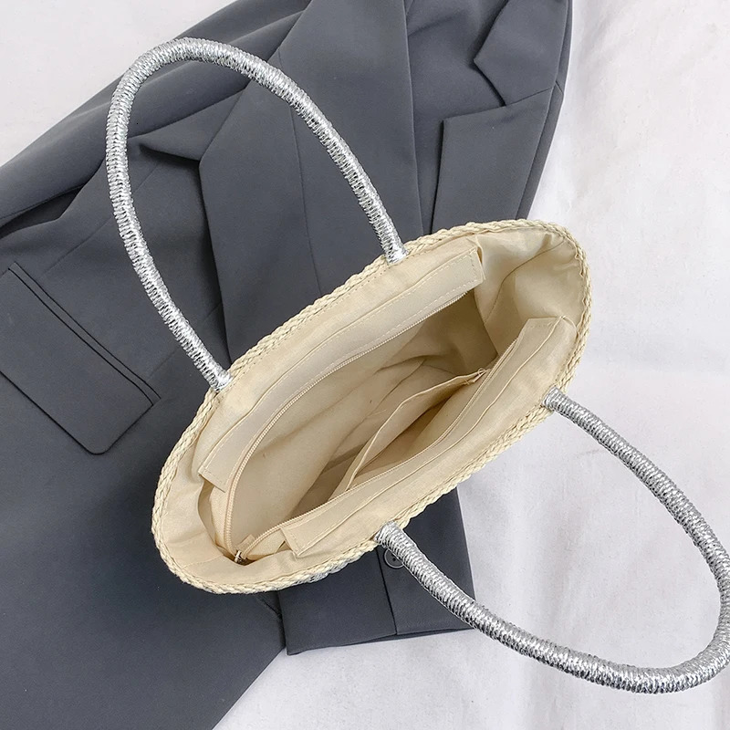 Summer Handmade Bags for Women Beach Weaving Ladies Silver Straw Beach Bag Top Handle Handbags Basket Female Shopping Bag 250704