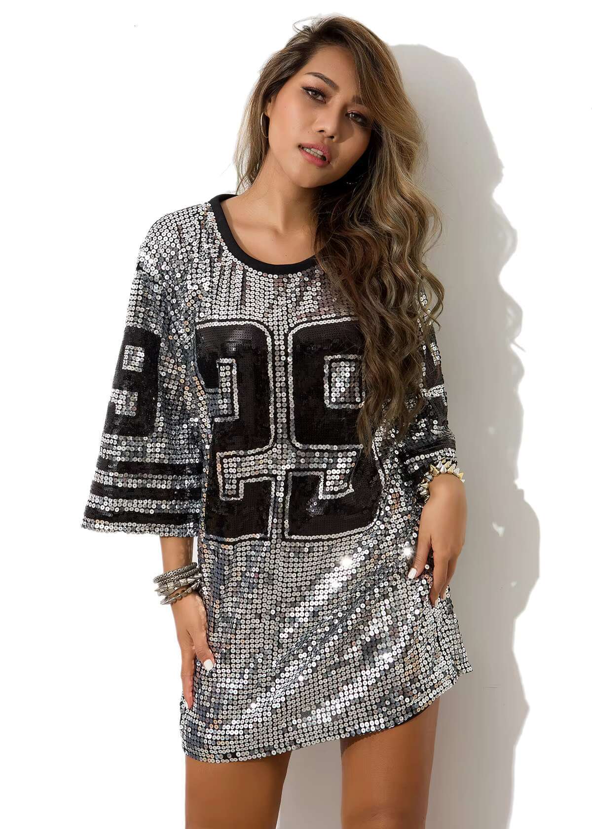 Chic Woman Loose Oversized SequinT-shirt Hip hop Half Sleeve Jersey Sequined Dress Streetwear Dance Performance Costume dongdumaoyi