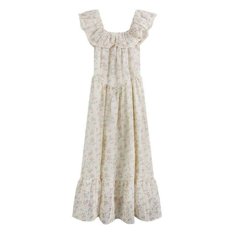 Summer Style Ruffled Square Neck Small Flutter Sleeve Floral For Women, Gentle And Sweet Waist-Cinching Mid-Length Dress B5