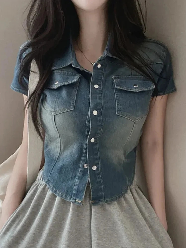 Slim Fit ort Sve Collar Denim irt Jaet Womens Lightweight Vintage n Summer Faion Small Size Top 250704