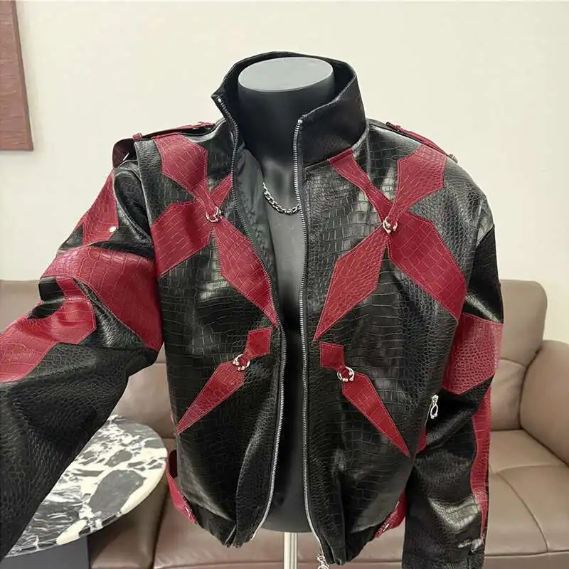 PFHQ Mens PU Leather Jacket Zipper Stand Collar Contrast Color Korea Fashion Darkwear Male Tops Casual 21E2807 250708