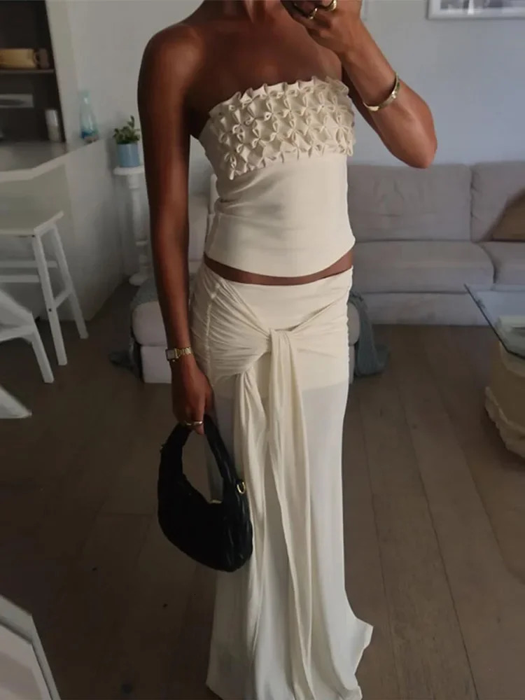 3D Flower Strapless Top Twisted Long Skirt Set Slim Fit Vest Blouse Ribbon Lace Up High Waist Crop Yarn Wrap Hip Skirts Women 250711