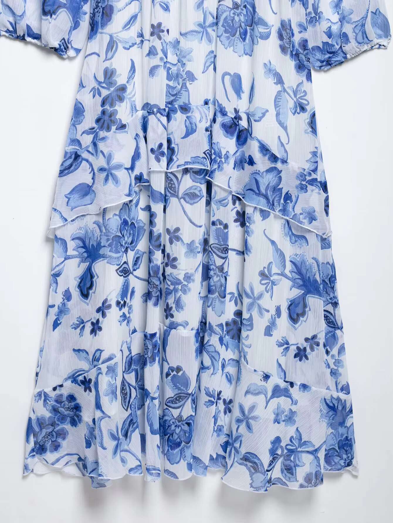 Zevity 2025 Women Bohemian Style Blue Floral Print Belt Sashes Casual Midi Dress Female Chic Cascading Ruffles Vestidos DS9027 dongdumaoyi