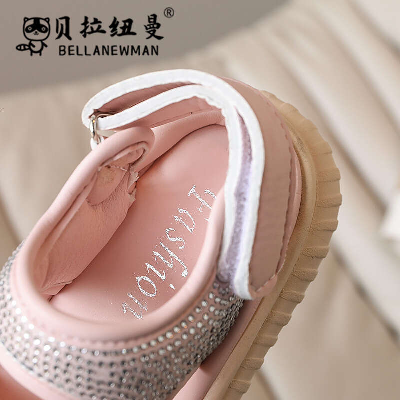 Bella Newman Girls' Fashion Rhinestone Sandals 2024 Summer New Children's Solid Color Open-Toe Beach Shoes for Big Kids