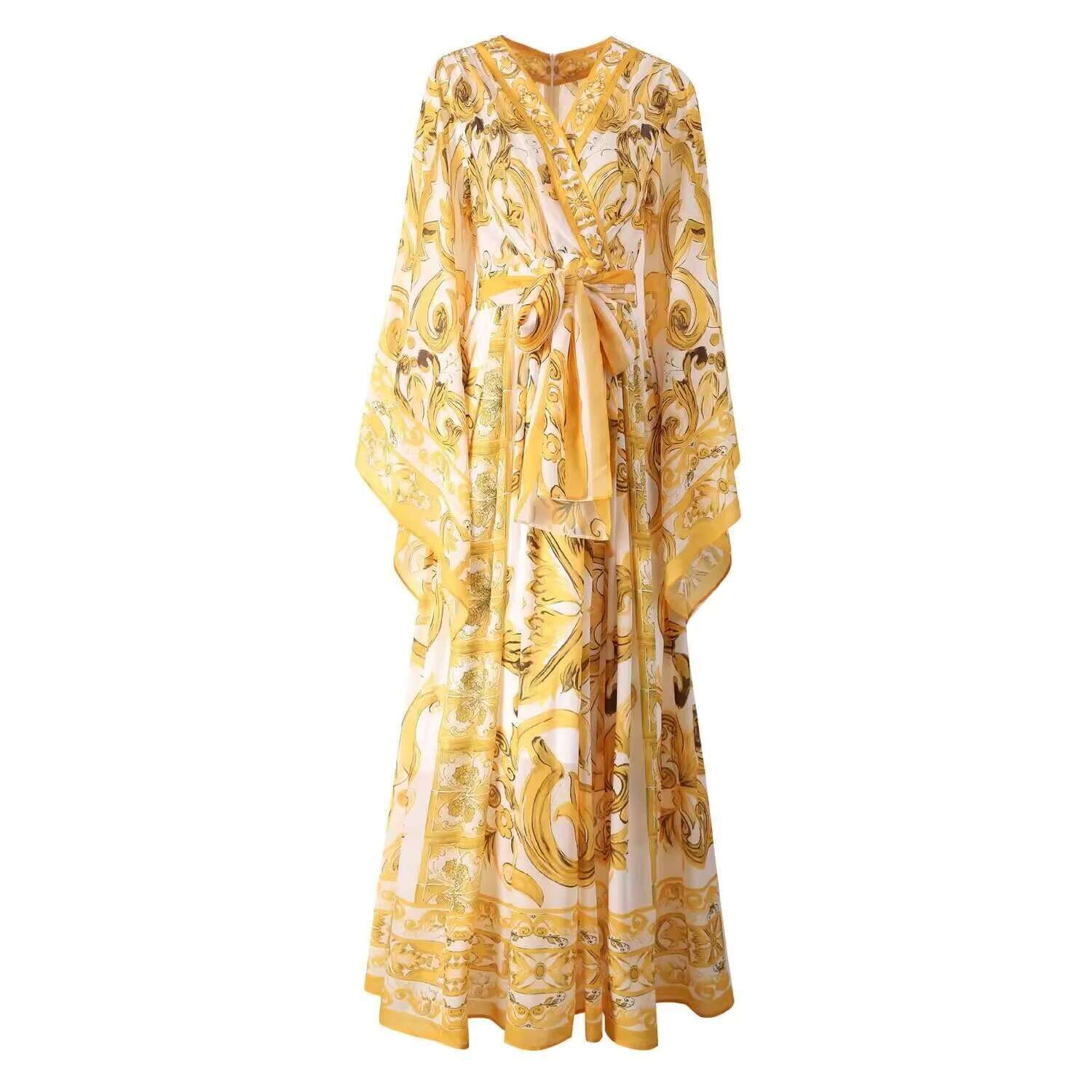 Summer Autumn Golden White Porcelain Flower Print Lantern Long Sleeve Maxi Dress For Women Muslim Style Prom Evening Dresses dongdumaoyi