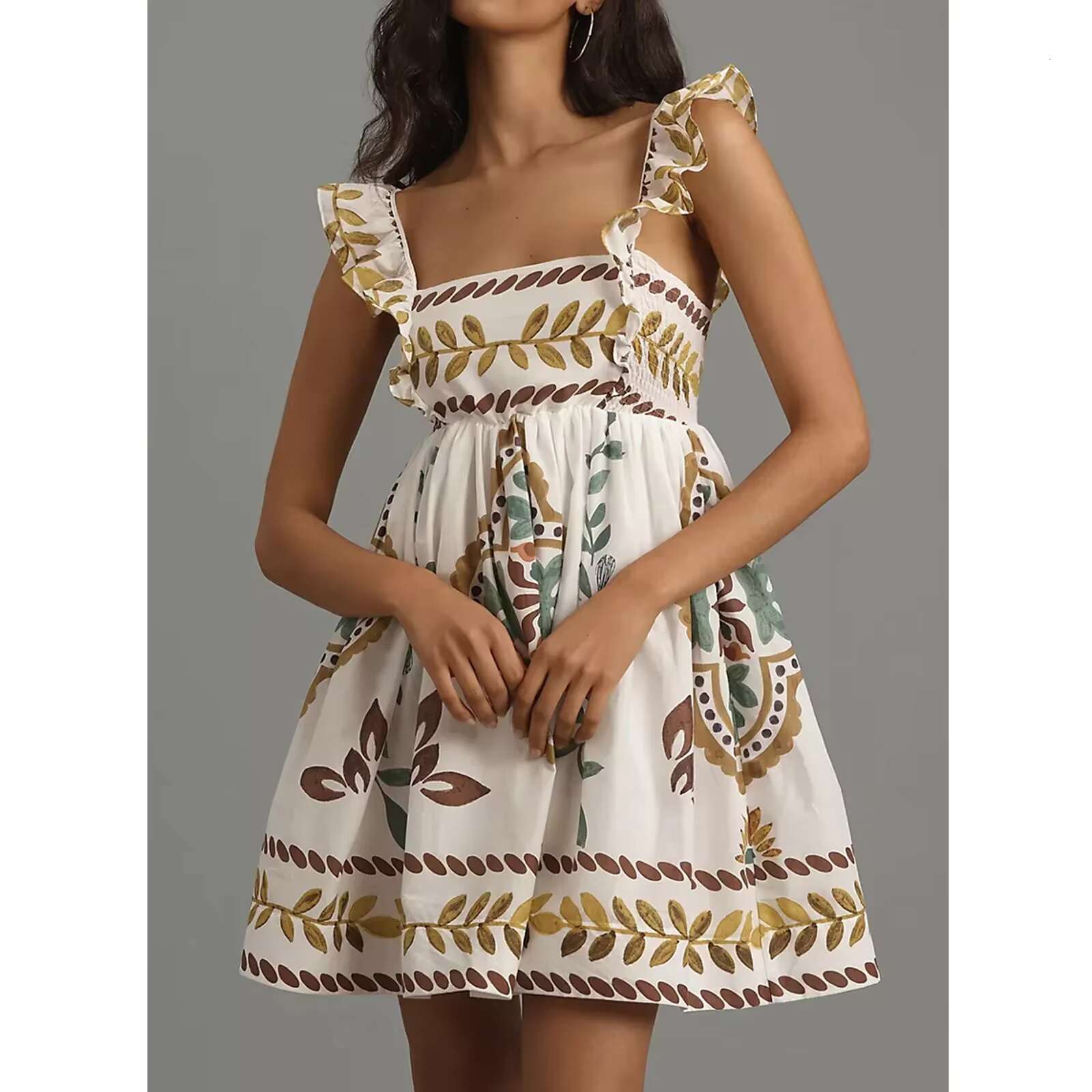 Womens Bohemian Mini A-Line Fashion Sweet Ruffle Sleeveless Square Neck Short Flowy Beach Dress dongdumaoyi