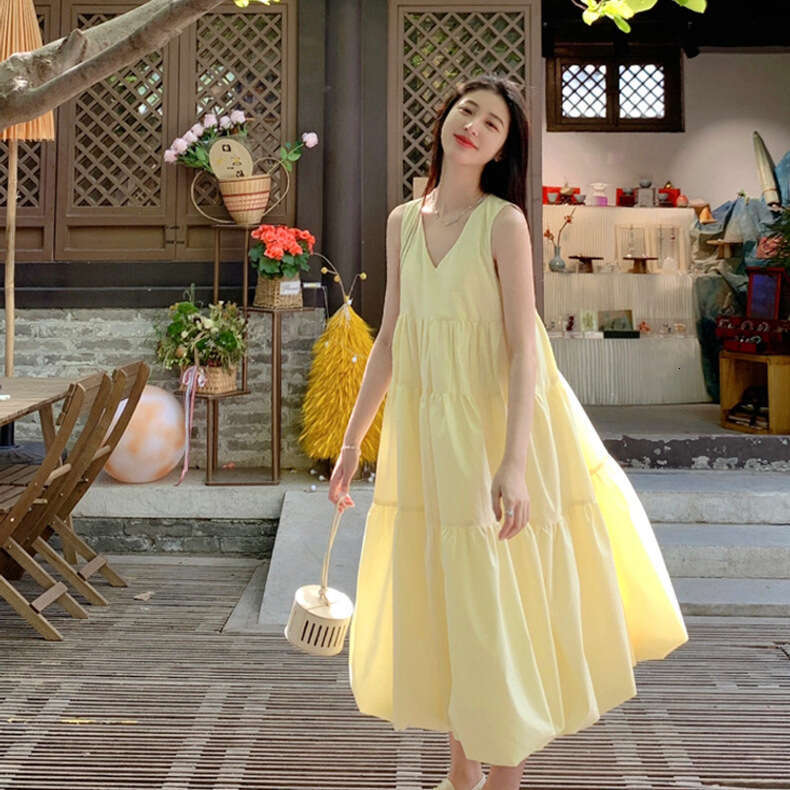 French Style High-End V-Neck Sleeveless Puff For Women, Summer Elegant Loose Fit, Tummy-Covering Slimming Long Dress B5