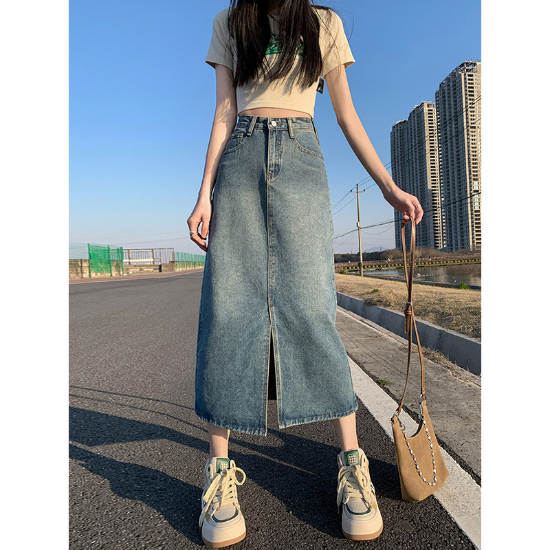 2025 New women's skirt new high waisted split denim skirt women's new summer A-line skirt tight fitting skirt long skirt fashionable new des