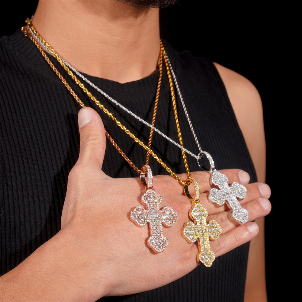 925 Silver Inlaid Moissanite Unisex Necklace Hip Hop Cross Pendant Accessory