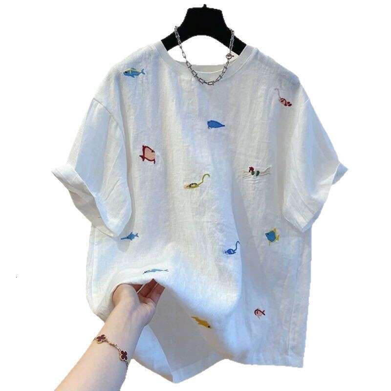 White Animal Embroidery Round Neck Short Sleeve T-Shirt For Women Summer New Loose Casual Korean Style Top B5