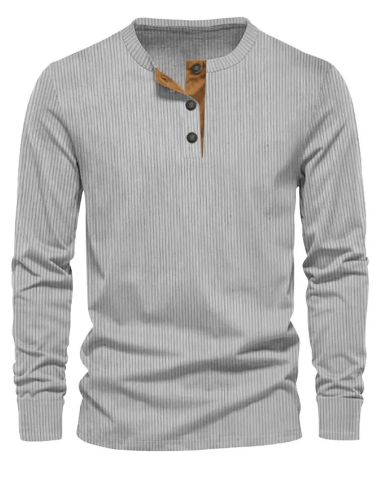 2024 Spring and Autumn Crossborder Mens Independent Station Corduroy Casual Henry Slim Solid Color Long Sleeve TShirt 250707