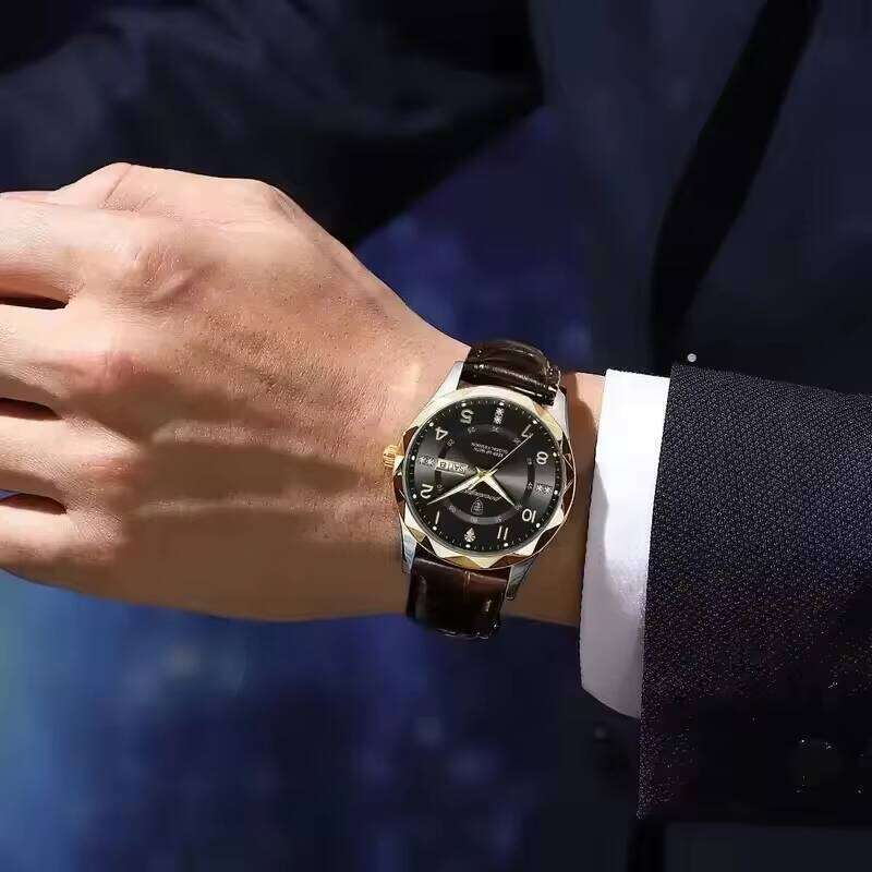 DHwatches Men's Leather Strap Watch - Waterproof 50M Luminous Quartz Wristwatch with Day & Date (Model 858 Leather)