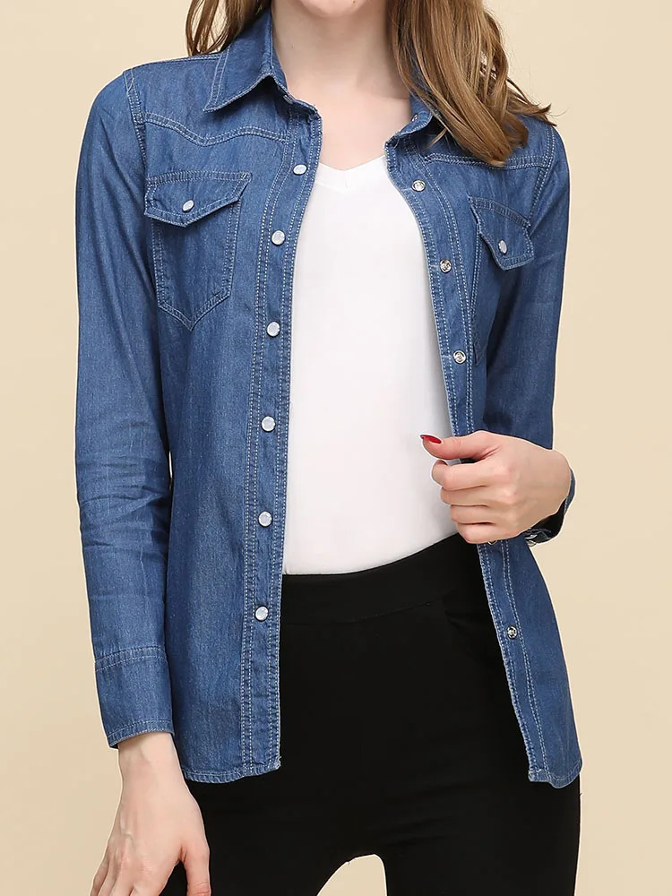 Autumn 2024 Denim Shirts And Blouse For Women Korean Style Long Sleeve Top Blue Or Sky Color Jeans Elegant Blouses 250704