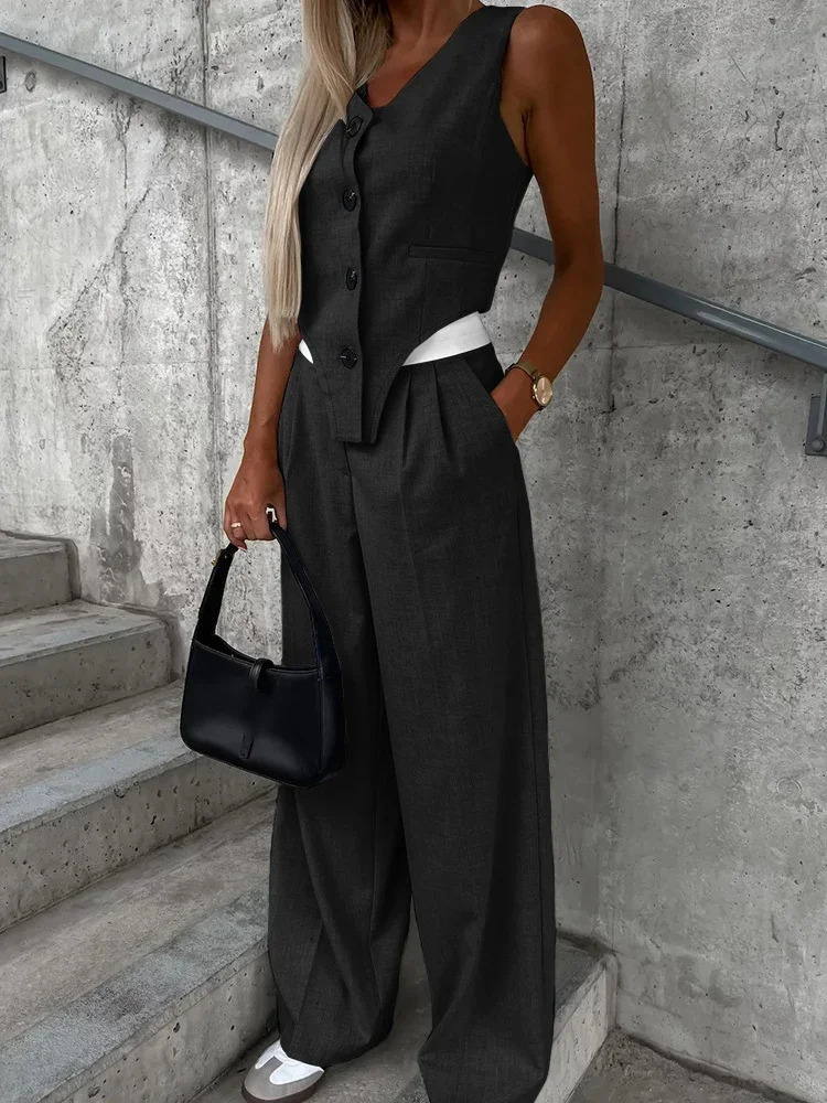 Autumn Casual Suit sets for women 2 pieces V-neck Sleeveless Colorblock Vest Top Ruched Pants Set Trousers Y2K Mujar 250710