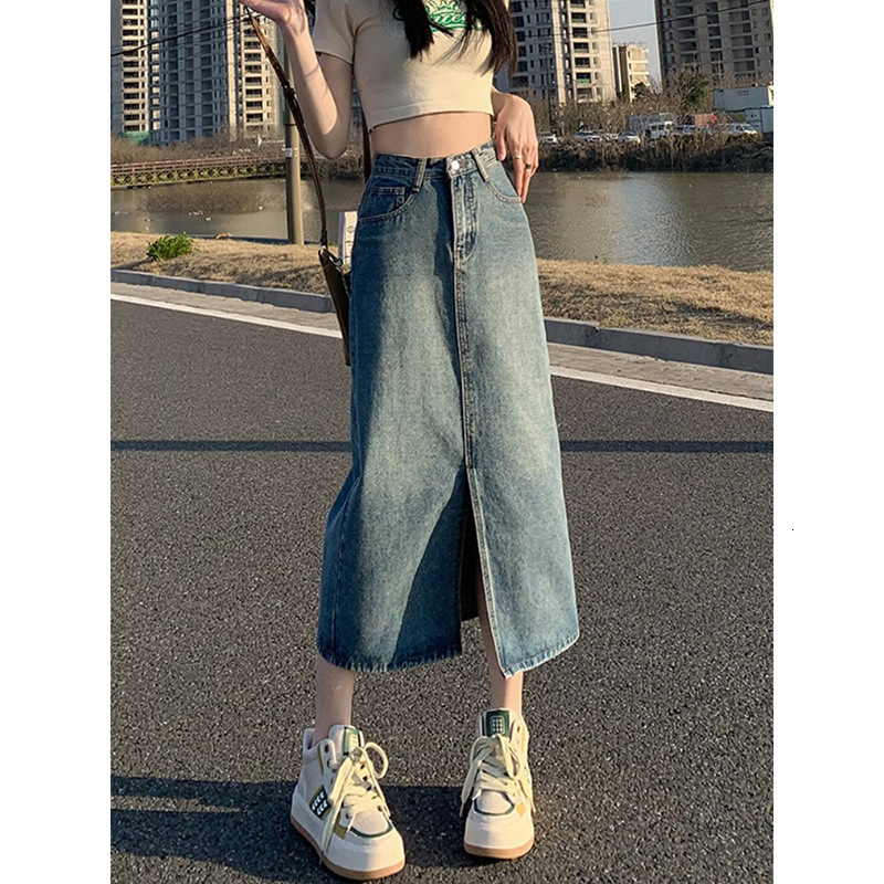 2025 New women's skirt new high waisted split denim skirt women's new summer A-line skirt tight fitting skirt long skirt fashionable new des