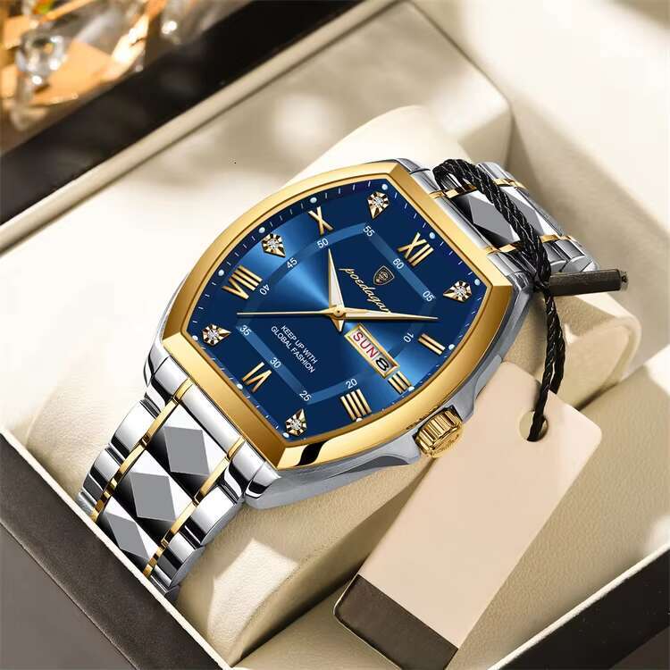 DHwatches Men's Tonneau Watch - Waterproof 50M Luminous Quartz Wristwatch with Day & Date, Stainless Steel (Model 958)