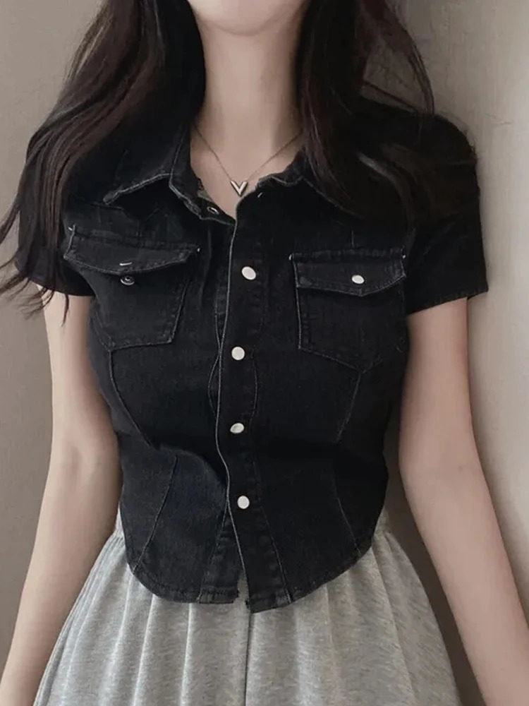 Slim Fit ort Sve Collar Denim irt Jaet Womens Lightweight Vintage n Summer Faion Small Size Top 250704