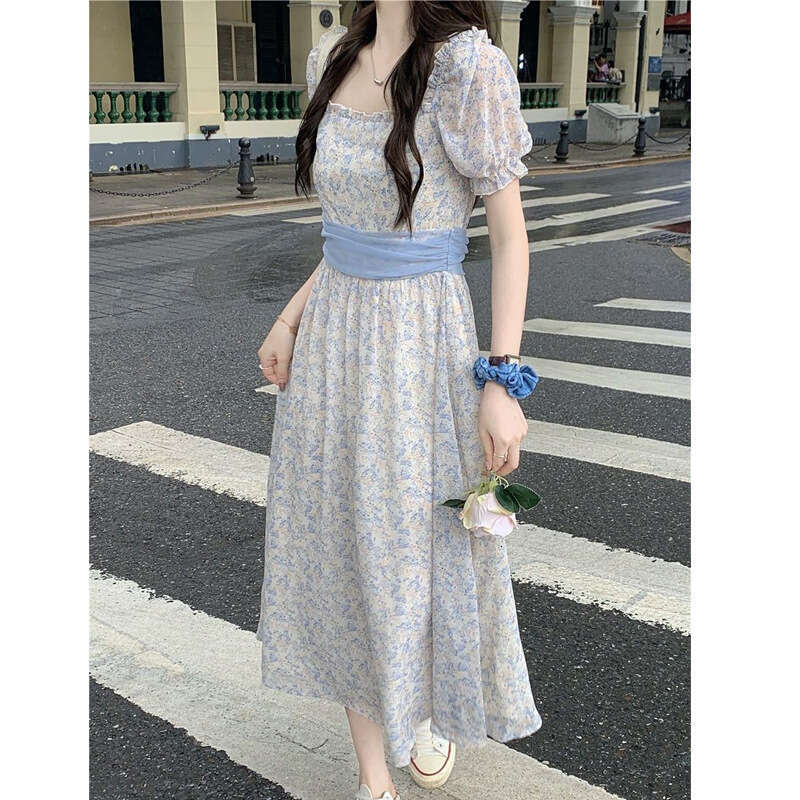 Gentle Style Floral Short For Women Summer New Waist Slimming Tie Bubble Sleeve Long Dress B5