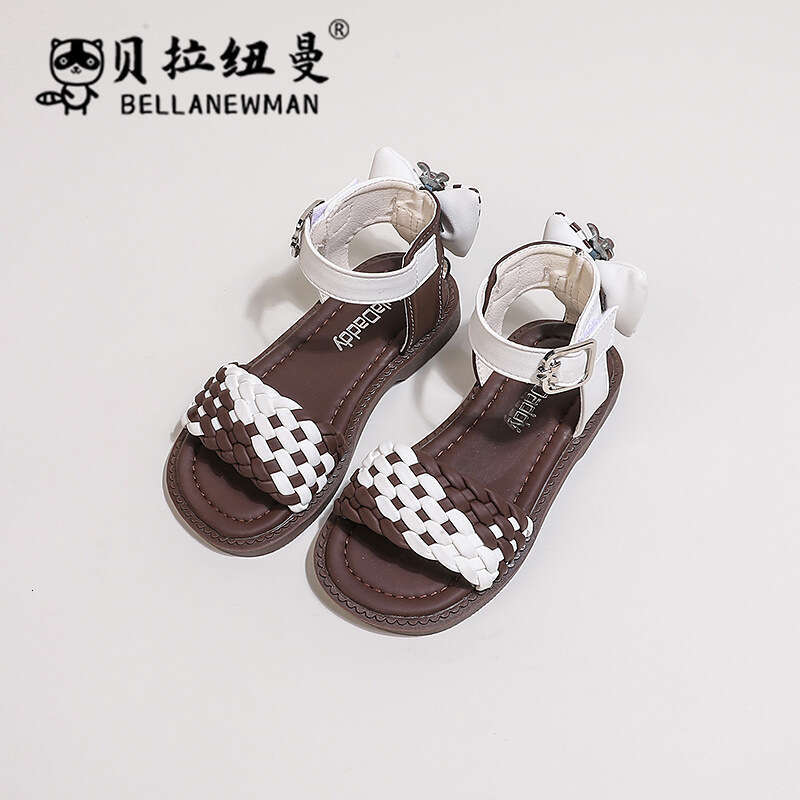 Children's Woven 2024 Summer New Girls' Fashion Bow Soft Sole Princess Roman Sandals