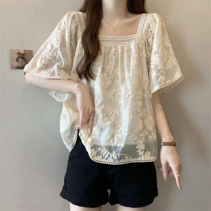 Plus Size French Style Mesh Lace Short Sleeve T-Shirt For Women Summer New High-End Fashionable Versatile Sweet Top B5