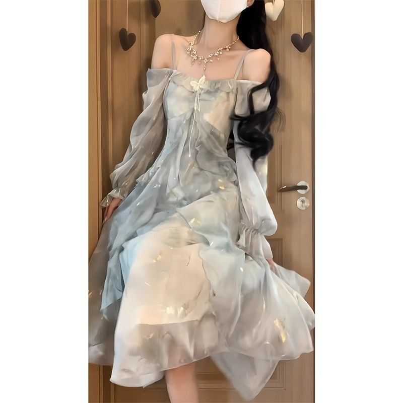 2025 New women's dress fog blue French gentle square neck elegant dress waist floral holiday fairy long dress new designer dress