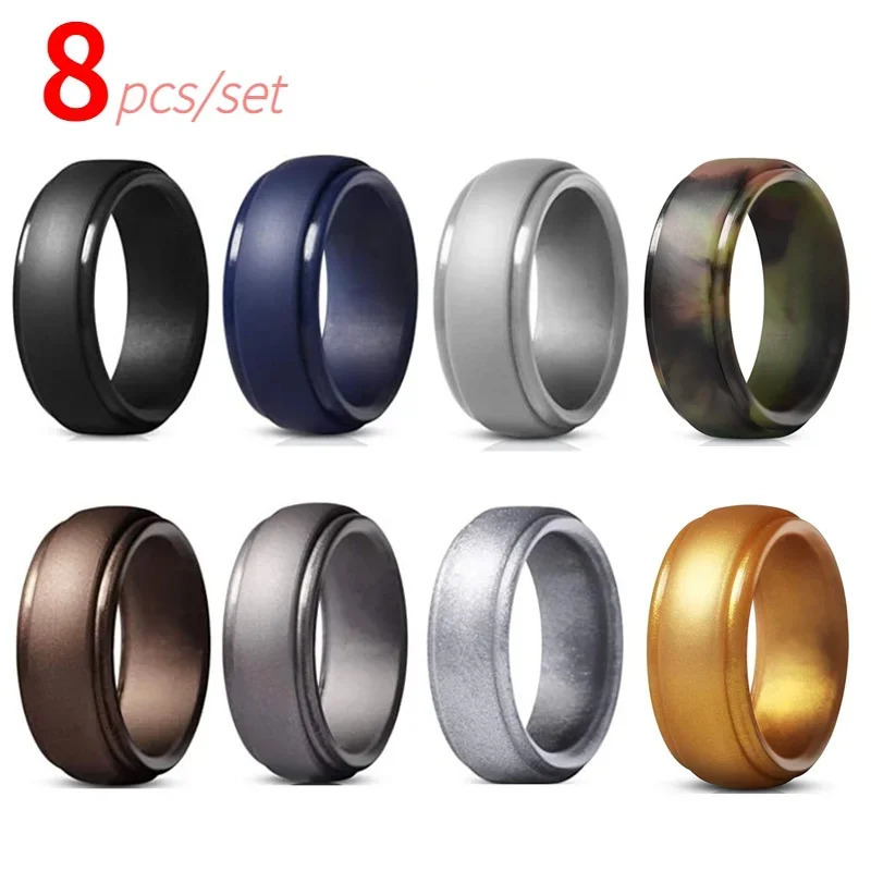 8pcs/set 8mm Sports Rings Hypoallergenic Flexible Mens Wedding Rubber Bands Silicone Finger Ring For Men 7-14 Size 250708