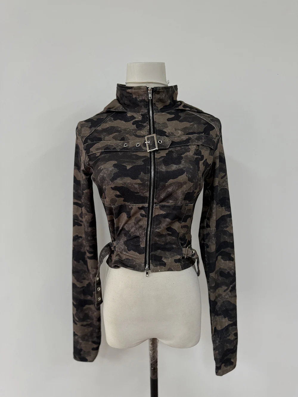 High Street Retro Camouflage Printed Splicing Hooded Cardigan Women Tops Spicy Girl Thin Long Sleeve Casual Short Coat 250708