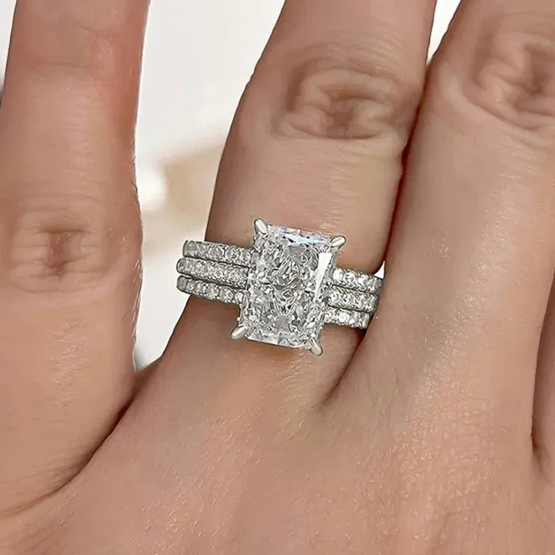 Huitan 3Pcs Set Rings y Geometric Rectangular Cubic Zirconia Women for Engagement Wedding Party Trendy Jewelry 250712