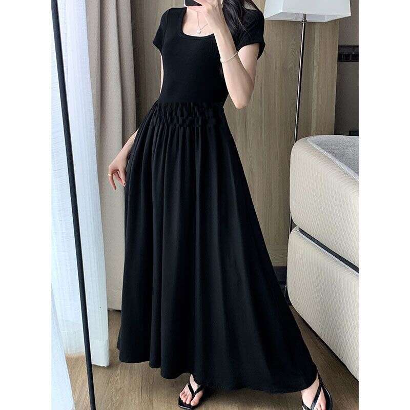 Plus Size Korean Hepburn Style Square Neck Short Sleeve Patchwork For Women Summer Waist Slimming Elegant Age-Reducing Long Dress B5