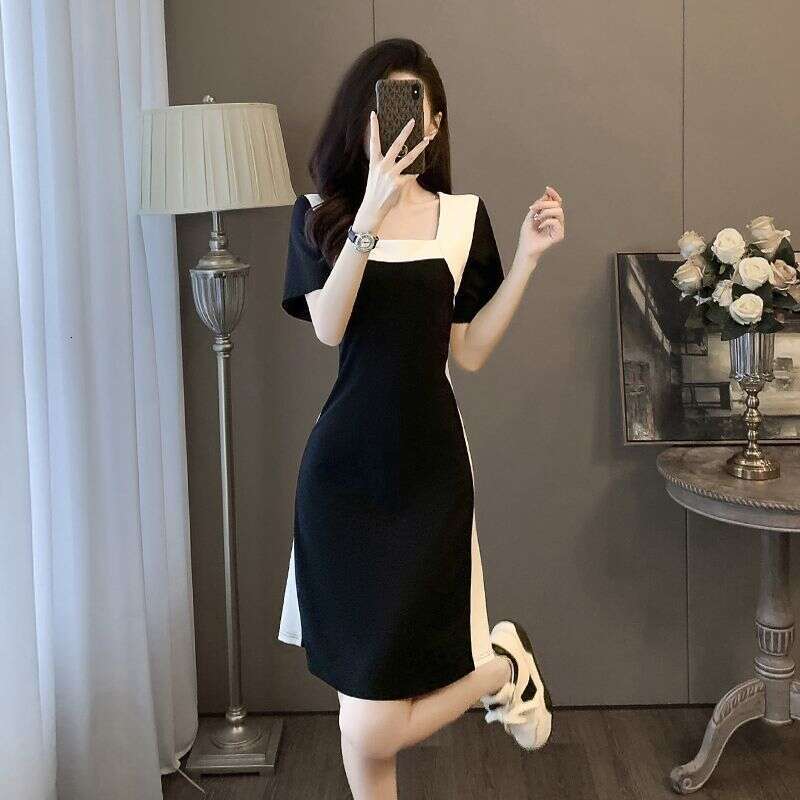 High-End And White Patchwork Square Neck Little Black For Women, Summer New Small Size Waist-Cinching Slimming Dress B5