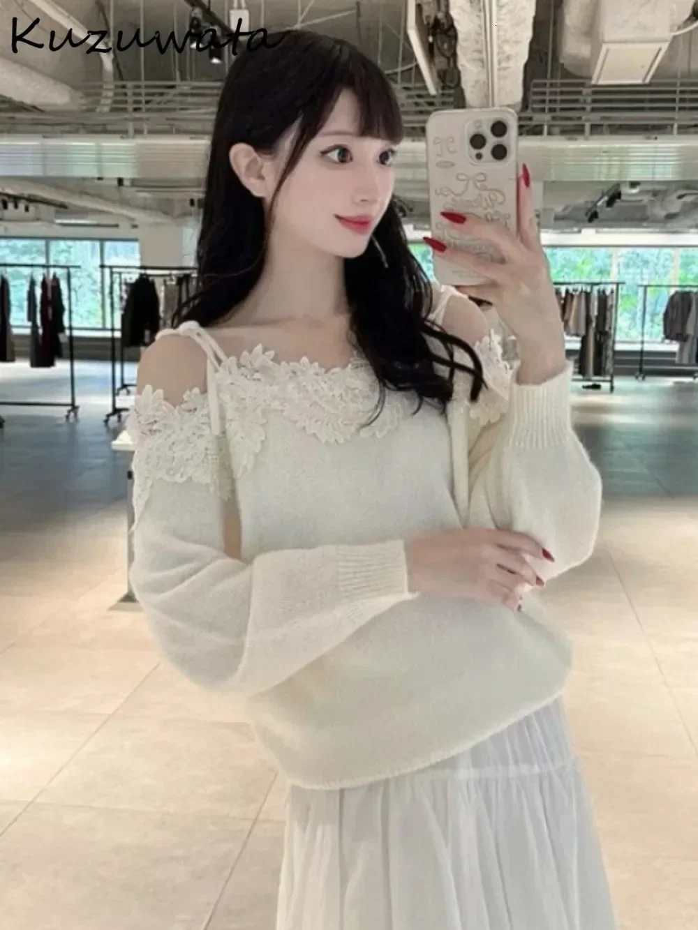 Kuzuwata Sweet Slash Neck Long Sleeve Pullover Knit Laces Patchwork Knitted Japan Embroider Off Shoulder Wool Sweaters 250708