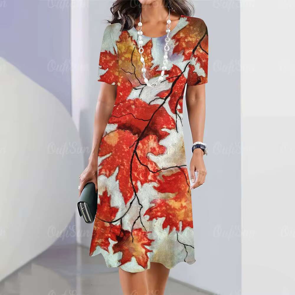 2024 New Leaf Print Elegant Beautiful Midi Dresses Fashion Plus Size Womens Dressess dongdumaoyi