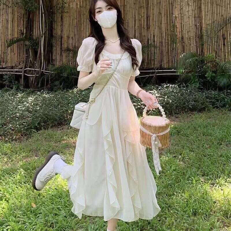 French Style Square Neck Sweet Gentle Fairy For Women Summer New Waist Slimming Mid-Length Dress B5