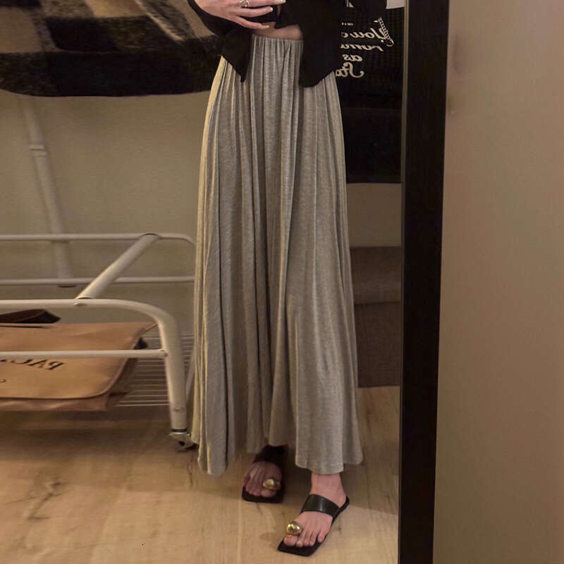 Black High-Waisted For Women Summer New Style Petite Slimming Draped A-Line Flared Midi Skirt B5