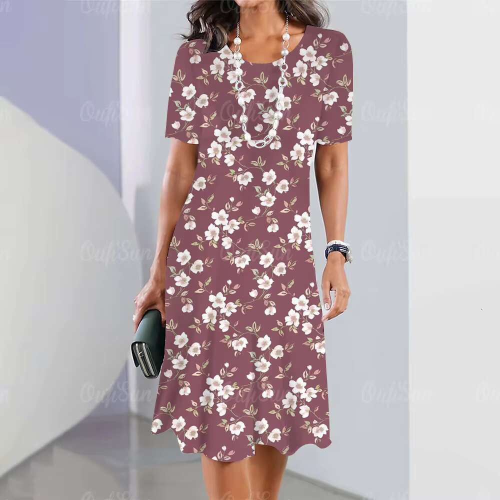 2023 Summer Womens Crushed Flower Elements Travel Party Dresses Elegant Casual Loose Short Sleeve Dress dongdumaoyi