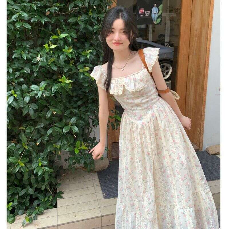Summer Style Ruffled Square Neck Small Flutter Sleeve Floral For Women, Gentle And Sweet Waist-Cinching Mid-Length Dress B5