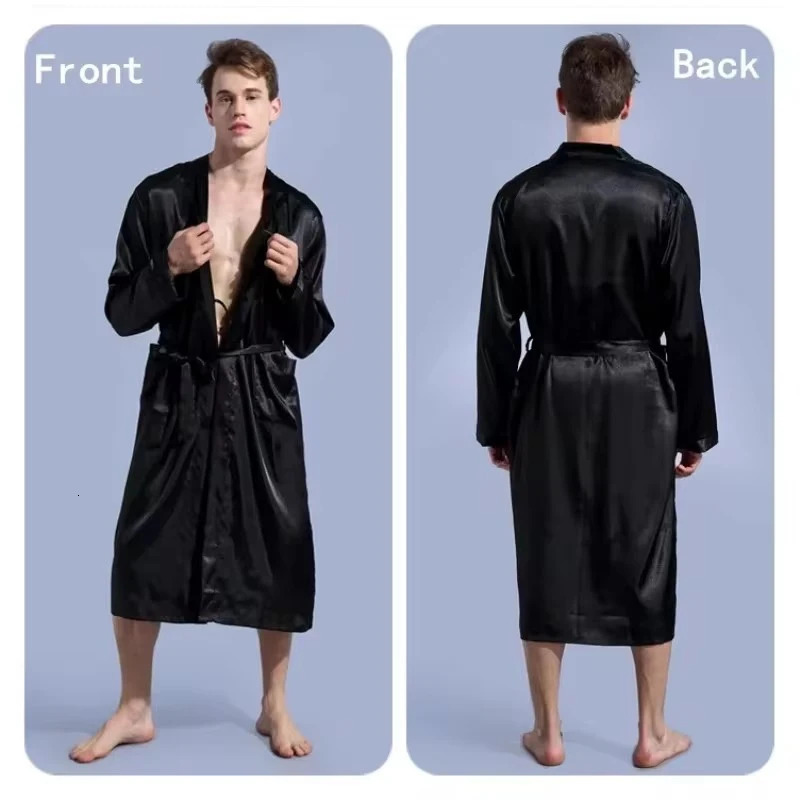Mens Satin Kimono Robe Silky Long Bathrobe Pockets Lightweight Loungewear Men Dressing Gown Wedding Party 250710