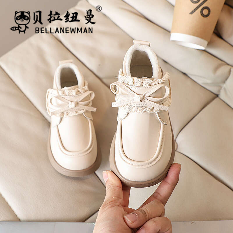 Girls' Bow Lace Leather Short 2024 Winter New Children's Double Cotton Princess Shoes Fashion Boots