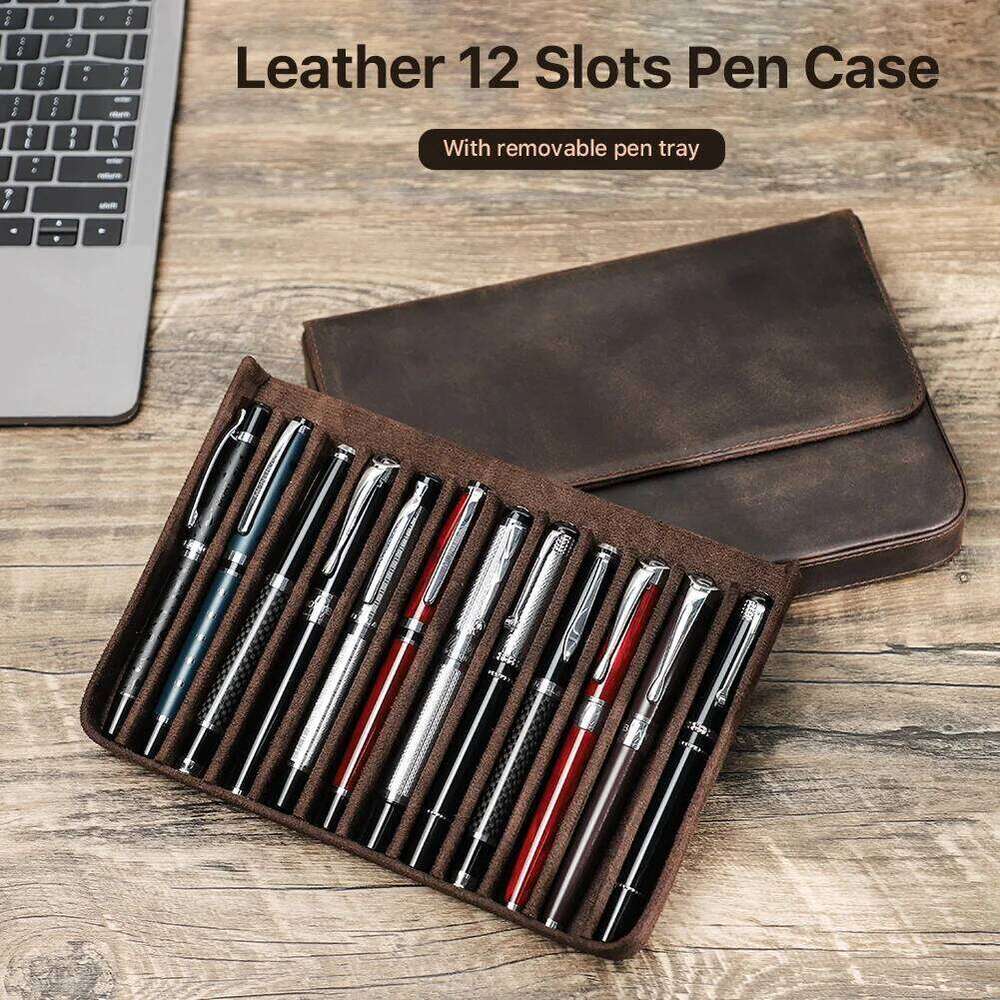 Genuine Leather 12 Slots Fountain Case Box Office School Stationery Storage Pouch Holder with Removable Pen Tray