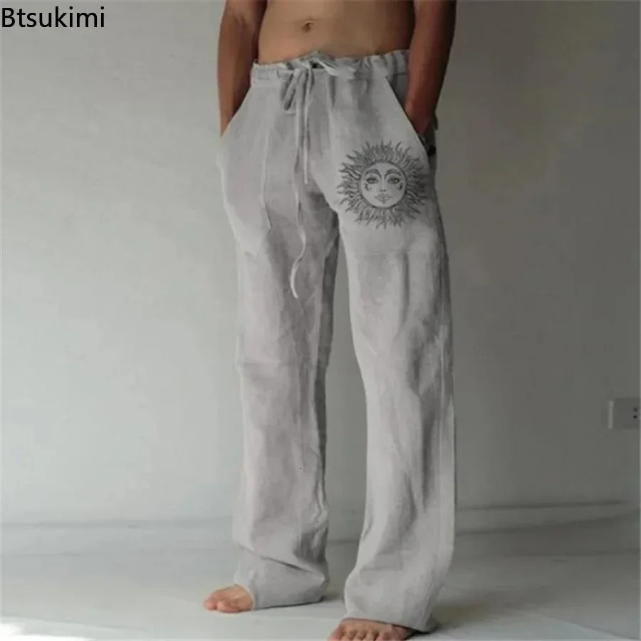 Mens Cotton Linen Pants Oversized Jogger Sweatpants Casual Flower Print Plus Size Loose Wide Leg Pants Men Casual Trousers 250708