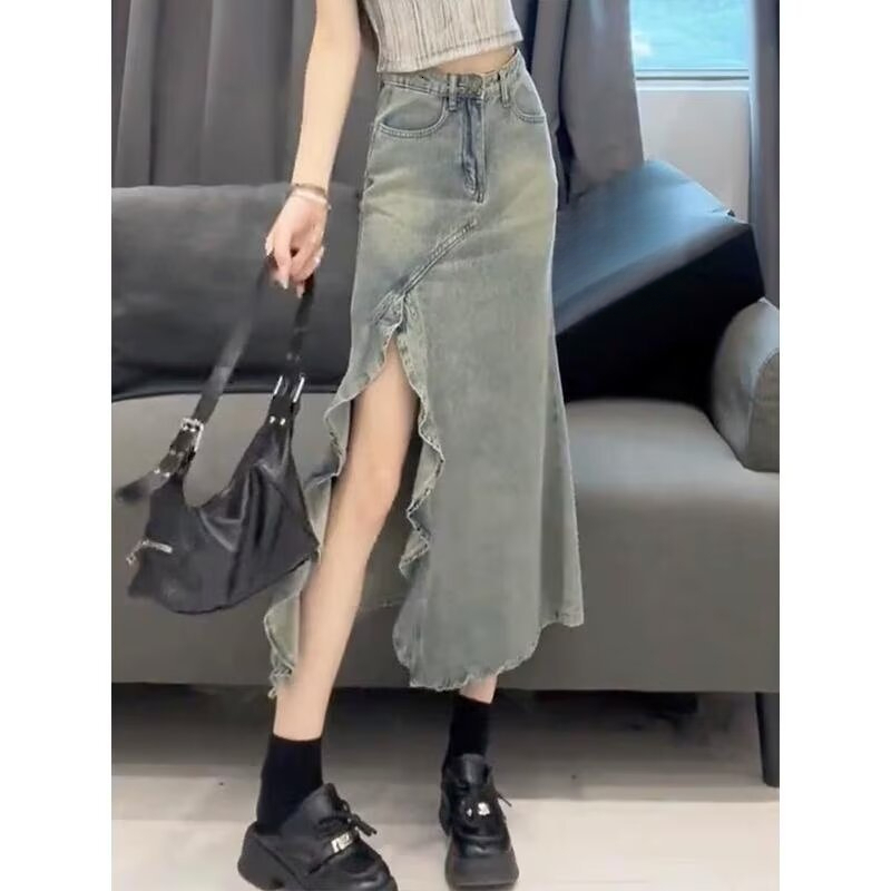 2025 New women's skirt high street irregular mermaid half skirt summer new high waist slim fit retro color A-line long skirt new designer skirt