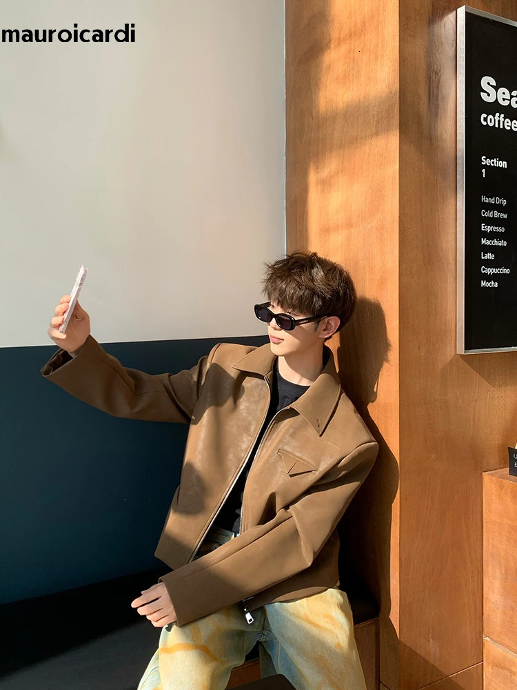 Mauroicardi Spring Autumn Cool Short Brown Soft Black Pu Leather Jacket Men Turn-down Collar Loose Casual Korean Clothes 250708