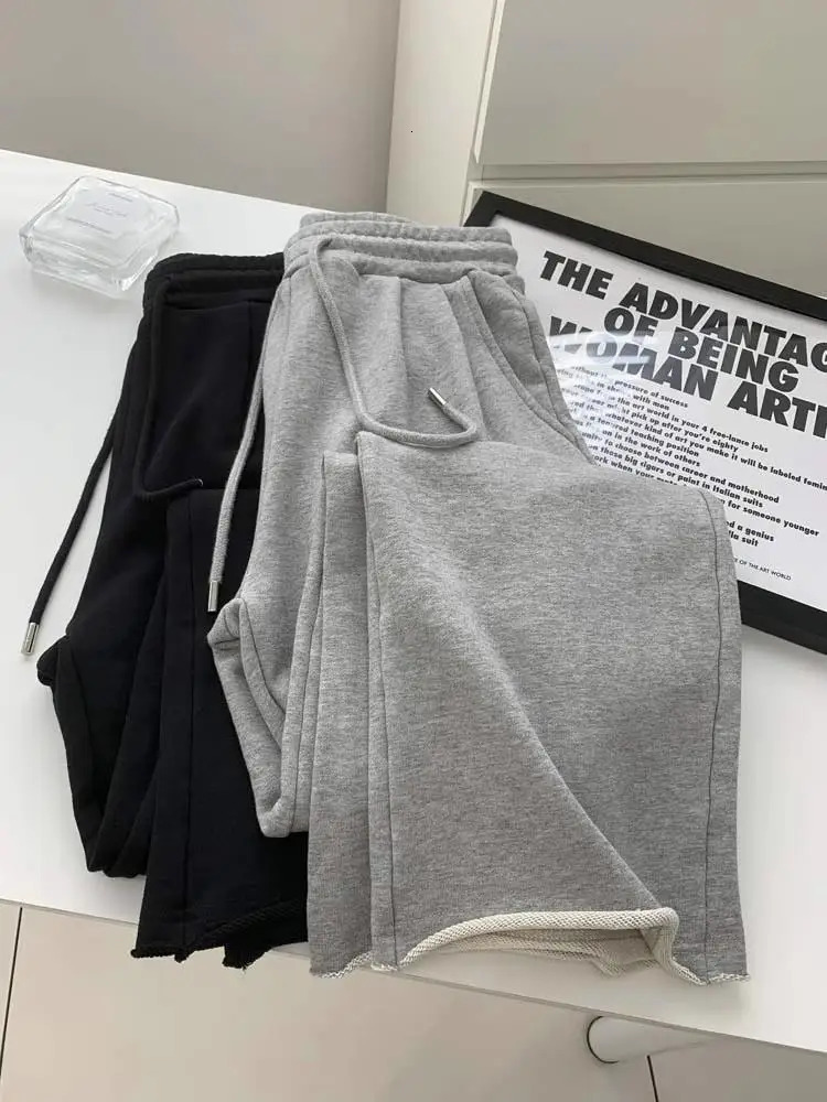 Korean Fashion Bf Harajuku Loose Fitting Women Rolled Edge Straight Leg Pants Solid Color Casual Womens Lace Up Pants 250708