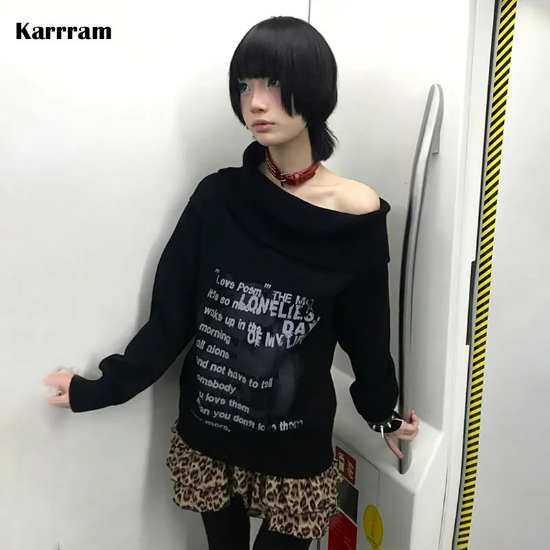 Karrram Japanese Y2k Off Shoulder Sweater Grunge Aesthetics Slash Neck Knitted Pullovers 2000s Vintage Korean Black Knitwear 250708