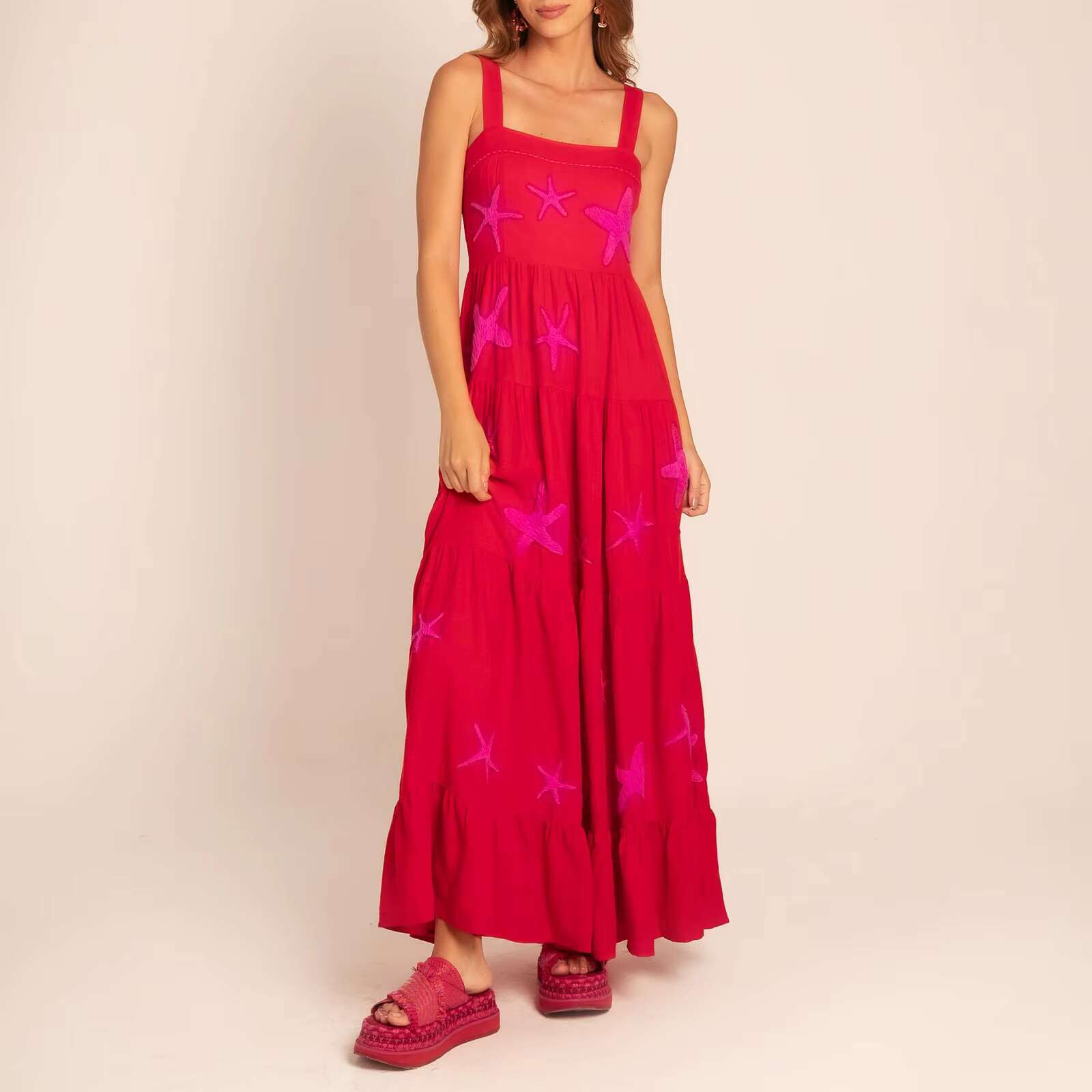 Imcute Women Cute Embroidered Beach Summer Boho Ruffle Long Spaghetti Strap Flowy Maxi Dress dongdumaoyi