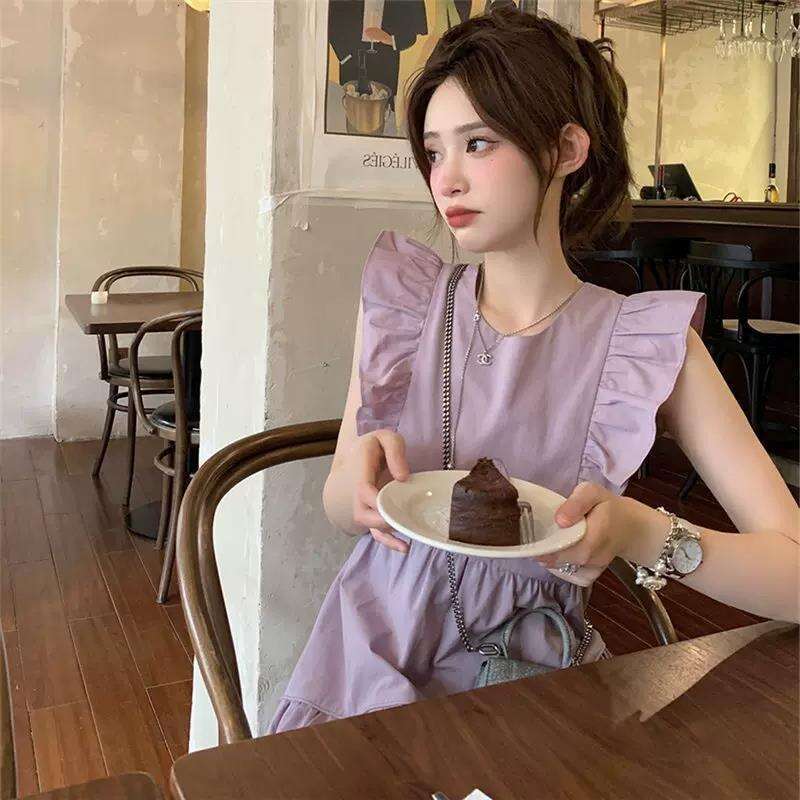 French Style Small Flutter Sleeve Vest High-End Gentle First Love Waist-Cinching Super Fairy Sweet Purple Long Dress For Summer Women B5